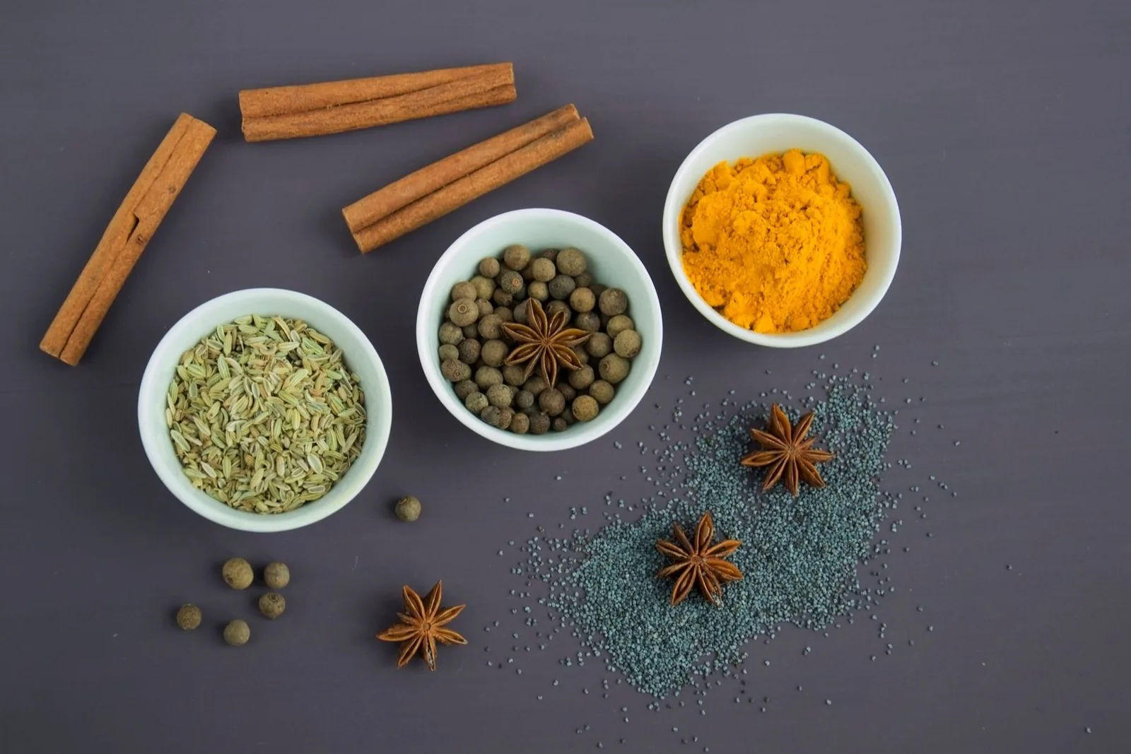 Bowls of warm-coloured spices and dried ingredients